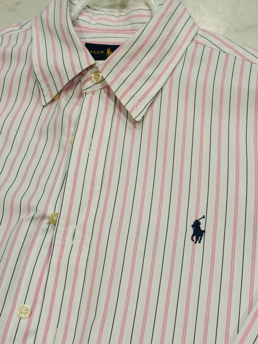 Ralph Lauren Polo, Men's LS button down, white, pink/navy stripes, EUC!, size L